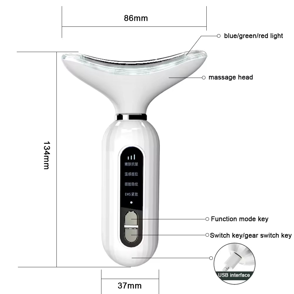 Rechargeable LED skincare device for neck and face treatment.
