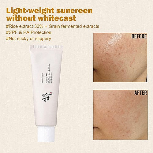 “Hydrating and soothing Beauty of Joseon Relief Sun Rice sunscreen with probiotics, perfect daily UV protection for sensitive and dry skin.”