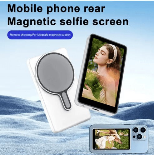“Compact Magnetic Selfie Screen accessory showing real-time rear camera view for effortless photography.”