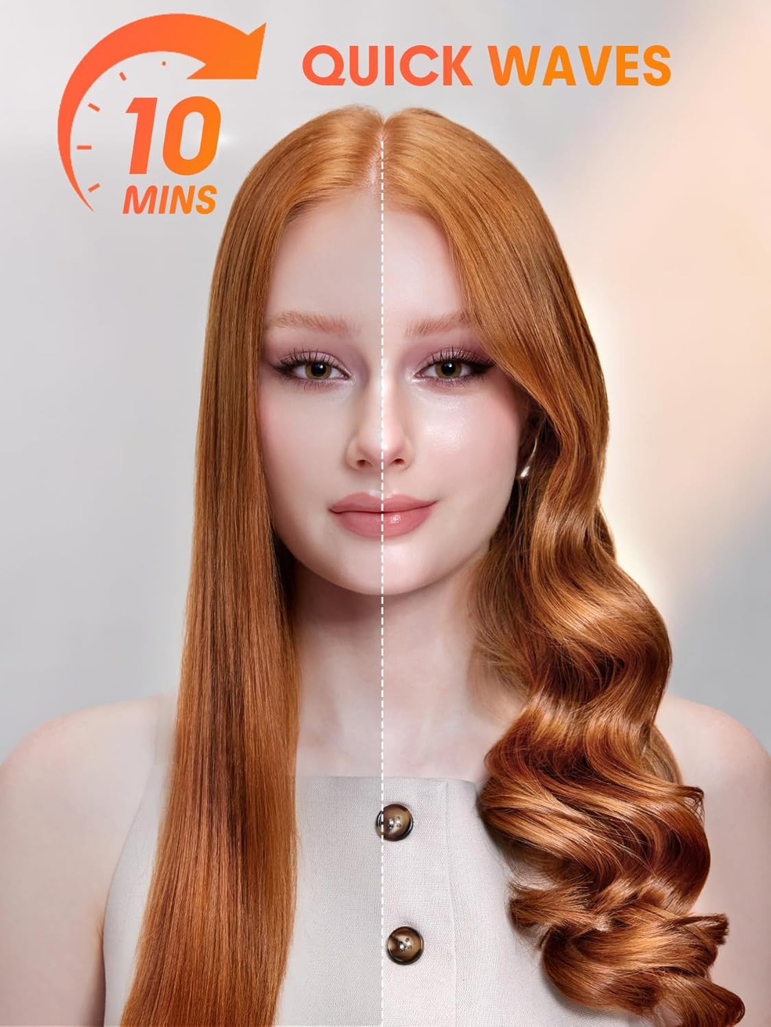 User holding the automatic curler, showing a perfect, bouncy curl.
مستخدم يحمل المكواة الأوتوماتيكية ويظهر تجعيدة مثالية ومفعمة بالحيوية.