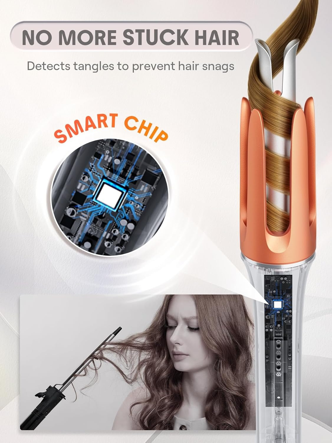 Curler and a final result of smooth, shiny waves.
المكواة ونتيجة نهائية من التموجات الناعمة واللامعة.