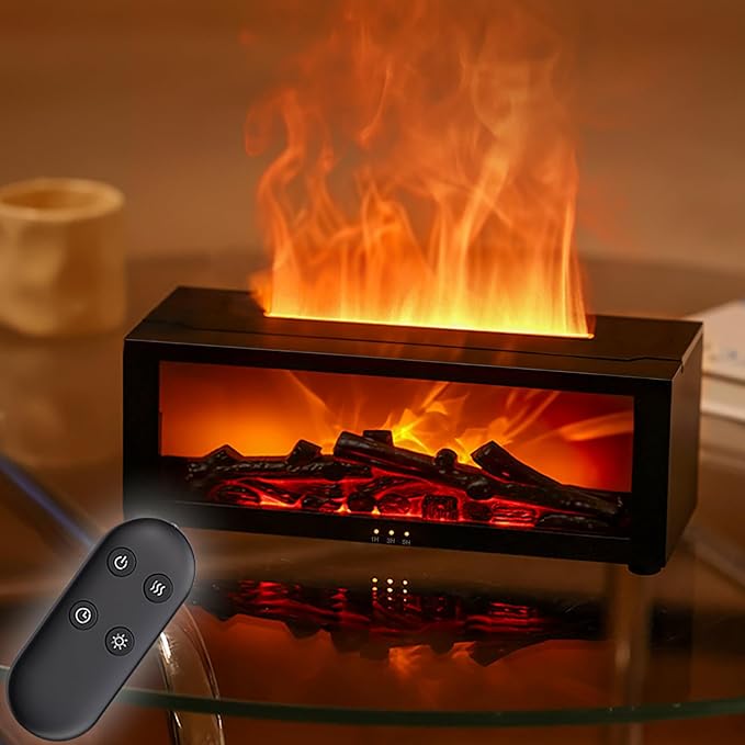 Flame-style aroma diffuser with warm light and mist