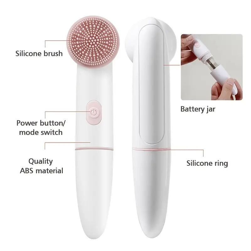 Woman gently exfoliating skin using silicone electric face cleanser.