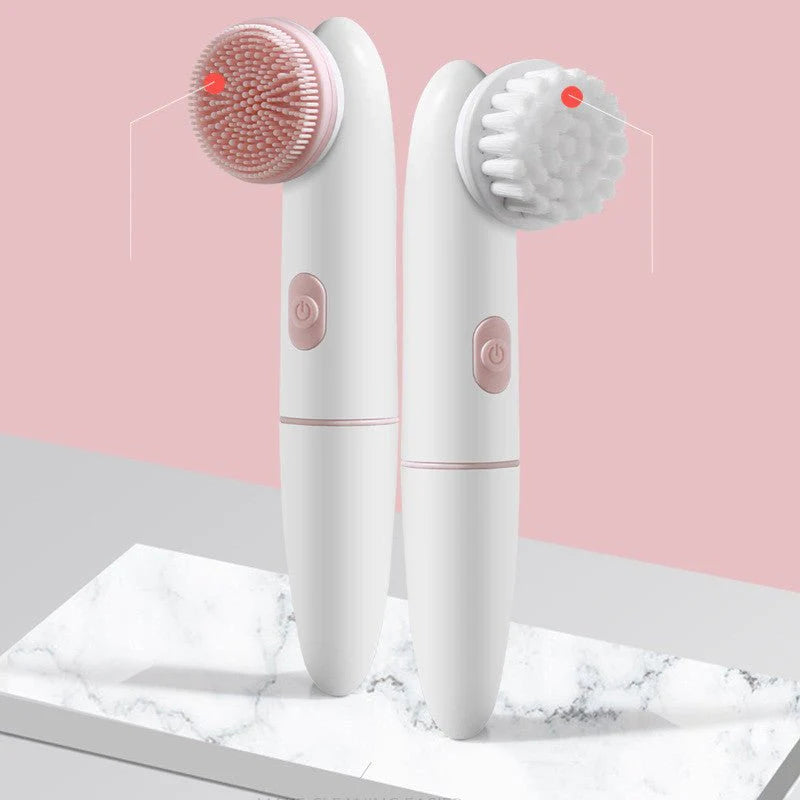 Woman using rechargeable silicone facial cleansing brush on face.