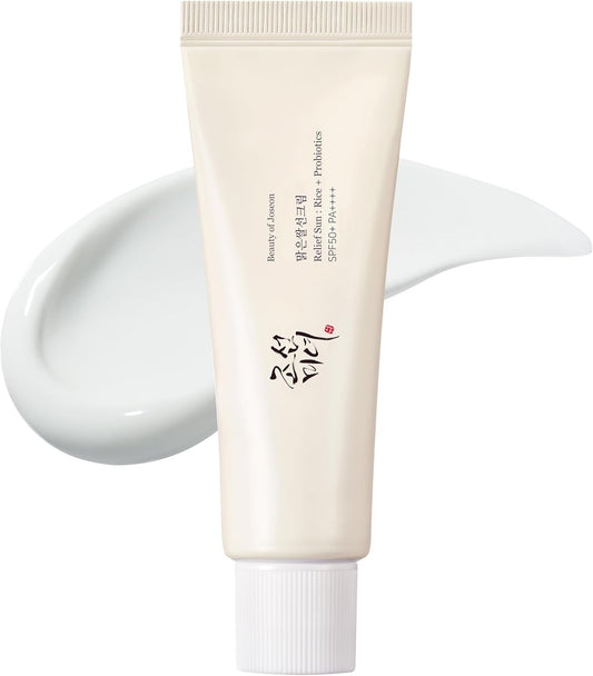 “Beauty of Joseon Relief Sun Rice + Probiotics sunscreen tube, lightweight SPF cream for sensitive skin, hydrating and soothing Korean skincare product on display.”