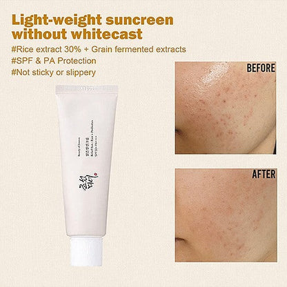 “Hydrating and soothing Beauty of Joseon Relief Sun Rice sunscreen with probiotics, perfect daily UV protection for sensitive and dry skin.”