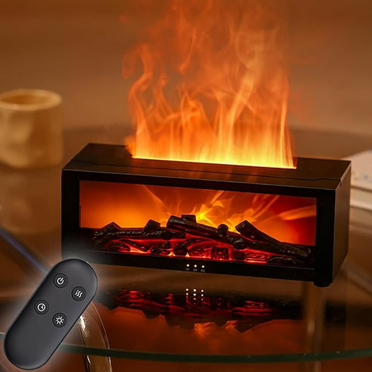 Flame-style aroma diffuser with warm light and mist