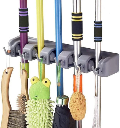 Brooms and toiletries organizer for efficient storage and space-saving home cleaning supply arrangement